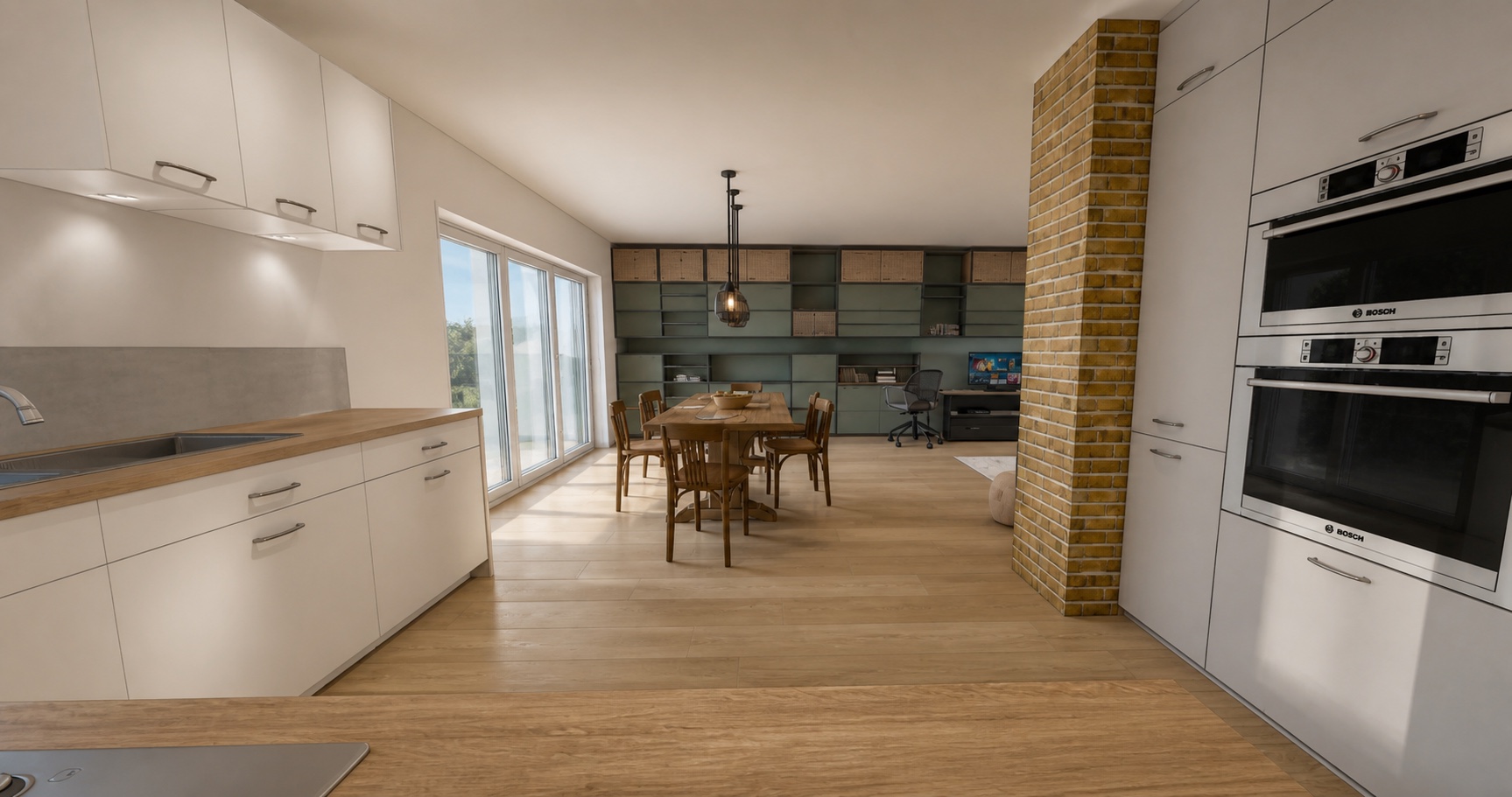 Projection photoréaliste de conception — séjour, proposition 1 vue depuis la cuisine