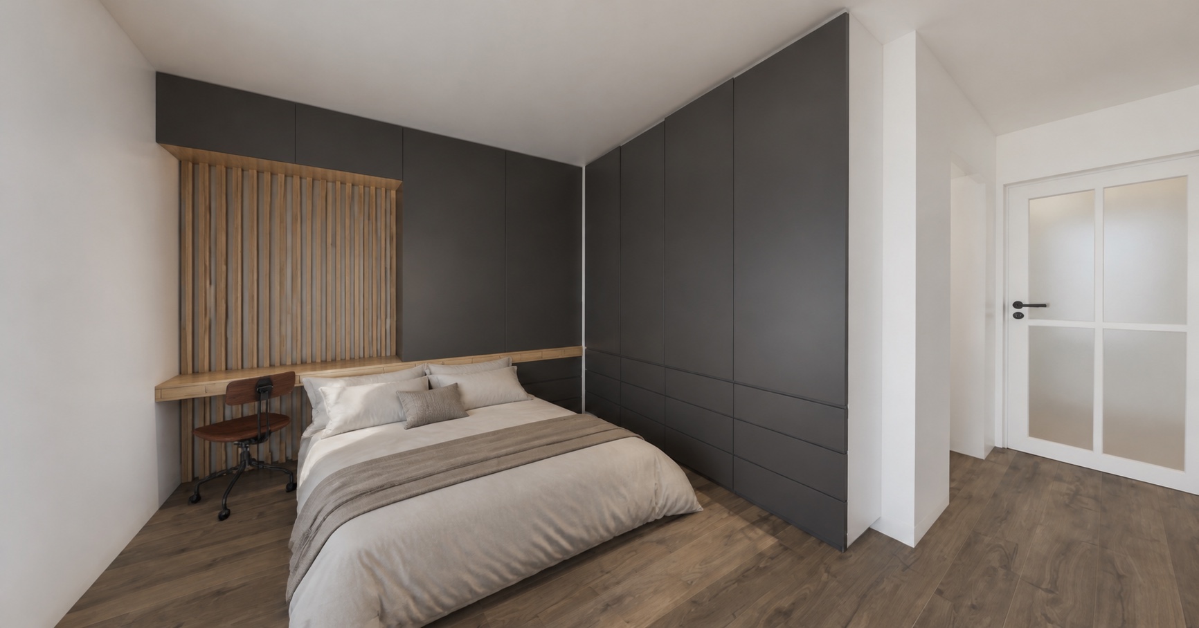Projection photoréaliste de conception — chambre parentale, proposition 3 bureau et dressing