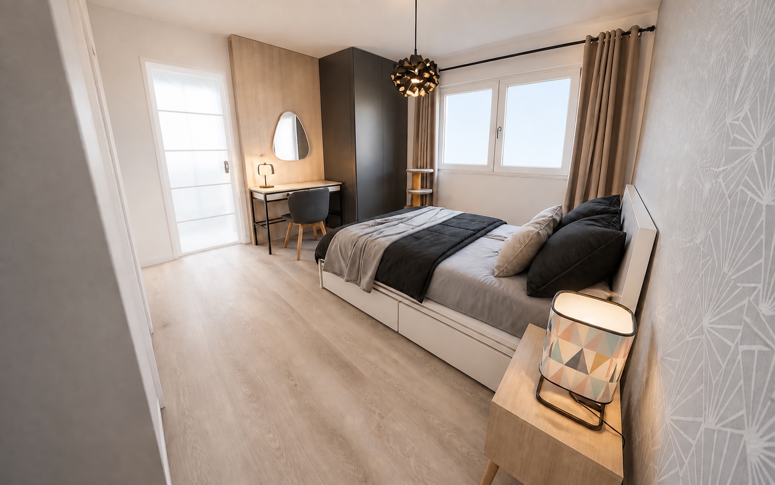 Projection photoréaliste de conception — chambre, vue en perspective